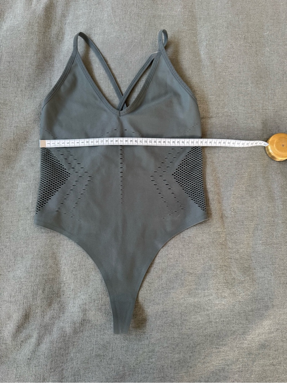 ALO Yoga Olive Green Perforated Bodysuit with Cross-Back Straps - Picture 4 of 8
